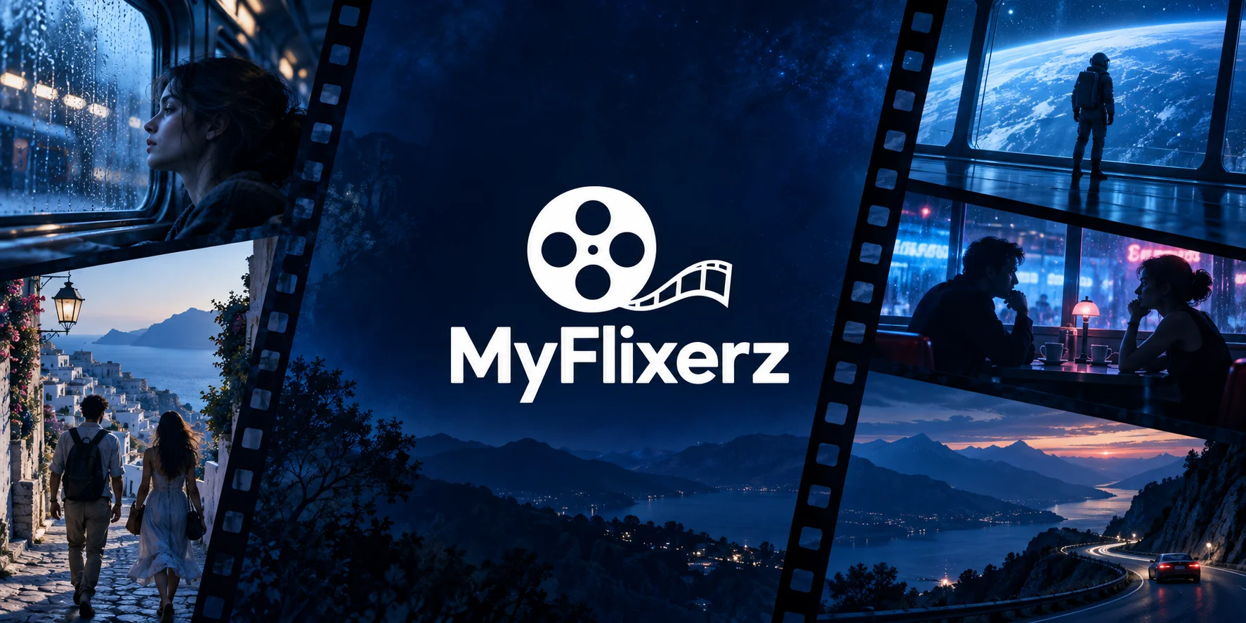 MyFlixerz white reel logo over a blue collage of original cinematic scenes